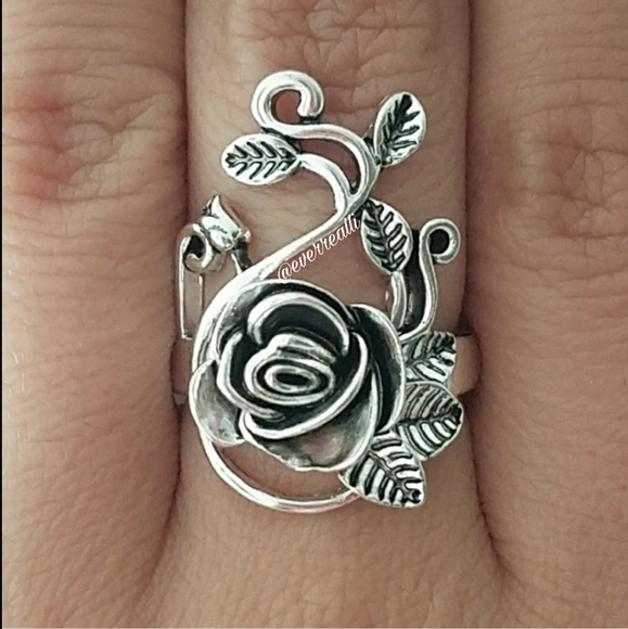 everrealli Jewelry - Antique Silver tone Rose Flower Vine Ring